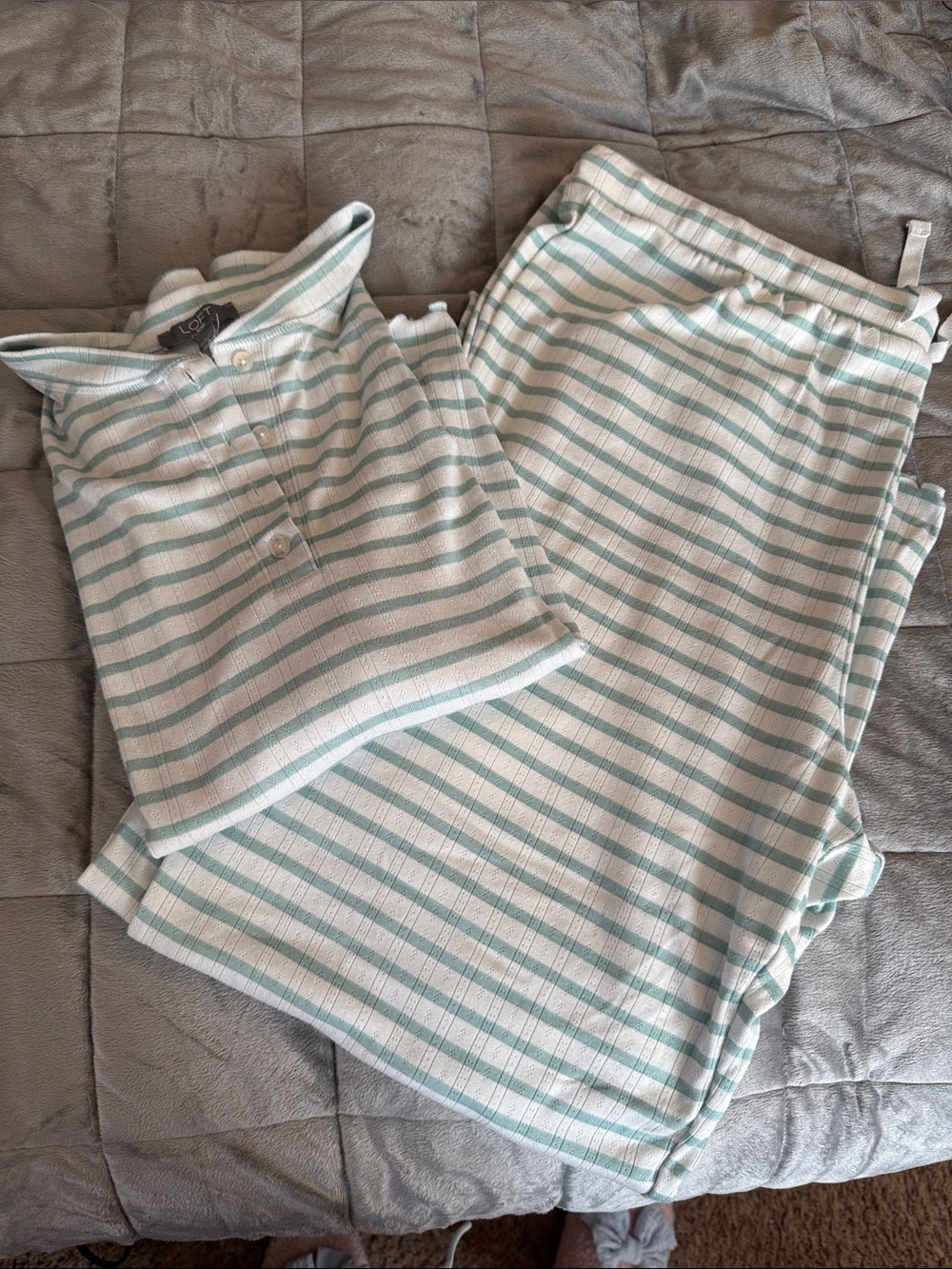 Striped Two-Piece Pajama Set - Mint & White Loft set pants and long sleeve top